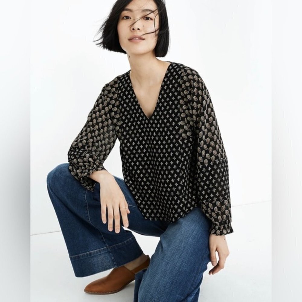 MADEWELL Sheer-Sleeve Top in Brushstroke Paisley Mix xs